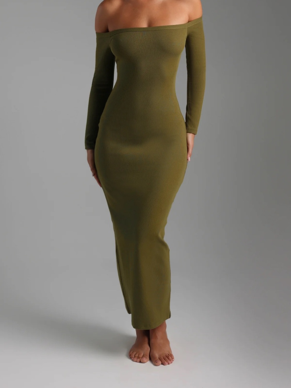Off-Shoulder Olive Green Long Sleeve Maxi Dress
